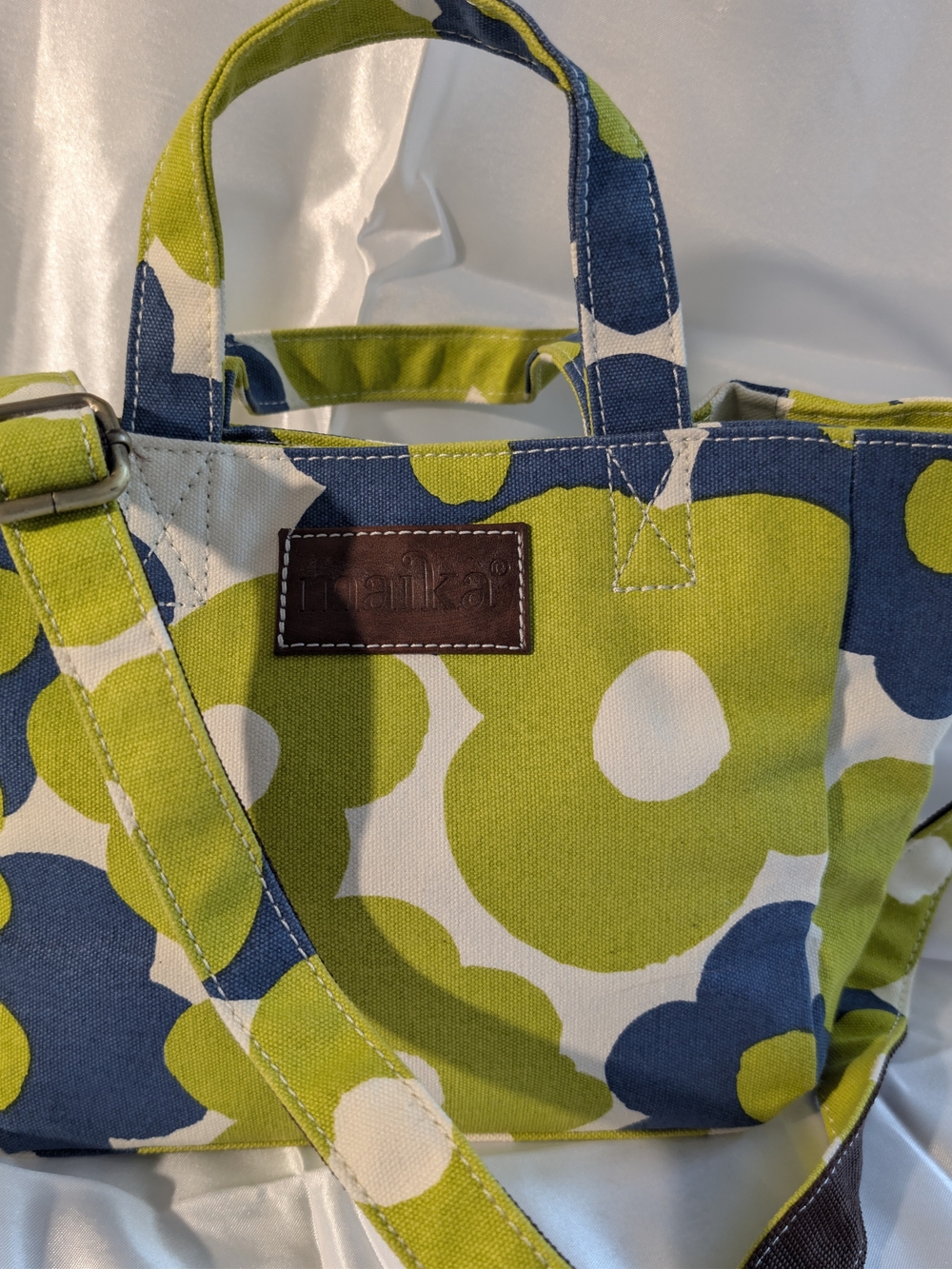 Maika Lime Green Navy Blue Floral Canvas Tote Vegan Floral Pattern Small/Medium